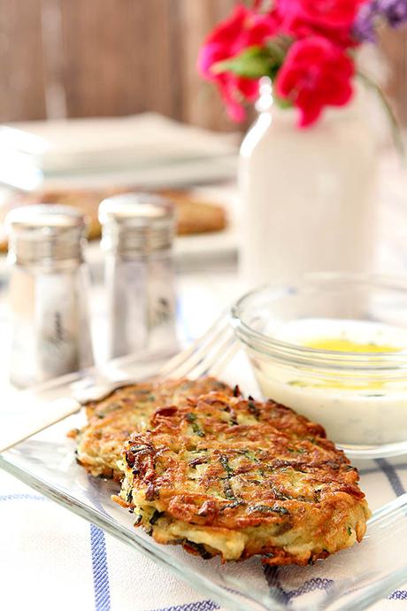 Zucchini and Potato Fritters with Garlic Herb Sauce
