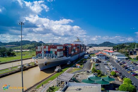 Container ship entering a lock at Miraflores Locks, Panama Canal, Panama