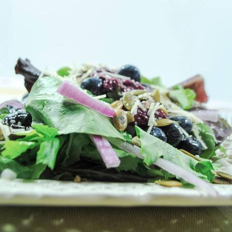 Leafy Green Salad with Blueberries and a Blueberry Basil Vinaigrette