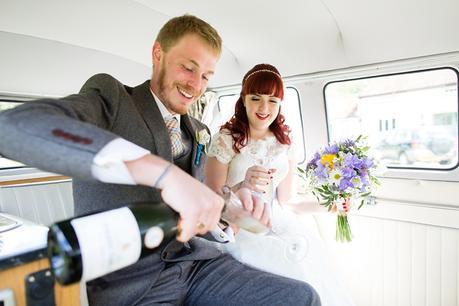 Barmbyfield Barn Wedding Photography St Catherines Church champagne in van