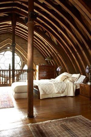 church remodeled attic space wooden beams