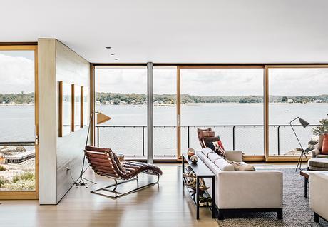 Modern Connecticut summer home renovation with Desiron sofa and Restoration Hardware chaise lounge in the living room