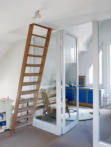 Ladder leading to a guest room in Nicolas Roche's Paris apartment