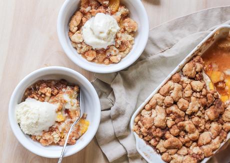 This Peach Snickerdoodle Crumble is made with just 3 ingredients! You'll love this super simple way to highlight your favorite summer stone fruit.
