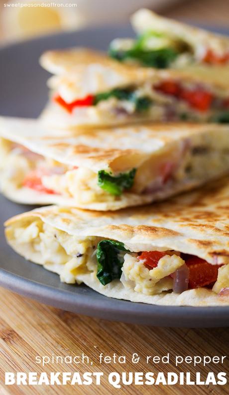 Spinach, Feta & Red Pepper Breakfast Quesadillas (Make Ahead, Freezer Freindly) @sweetpeasaffron