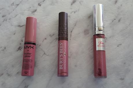 Left to right: NYX Butter Gloss Angel Food Cake, Burt's Bees Lip Gloss Nearly Dusk, Lancome Gloss in Love 351