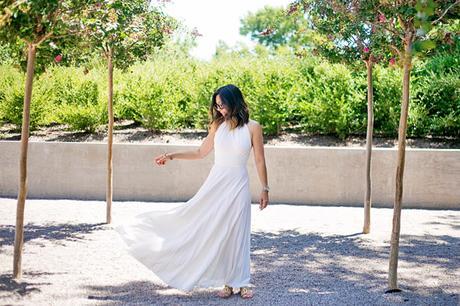 white pleated maxi dress, how to wear a maxi dress, cocobelle snake wrap sandals