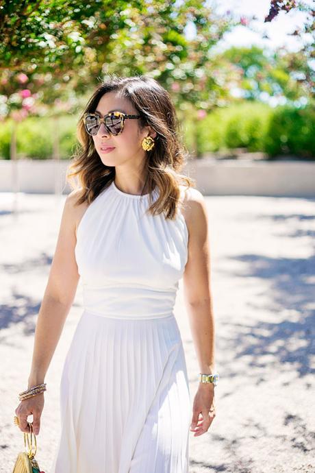 white pleated maxi dress, how to wear a maxi dress, charlotte olympia birdcage bag, vintage lion earrings, karen walker number one sunglasses