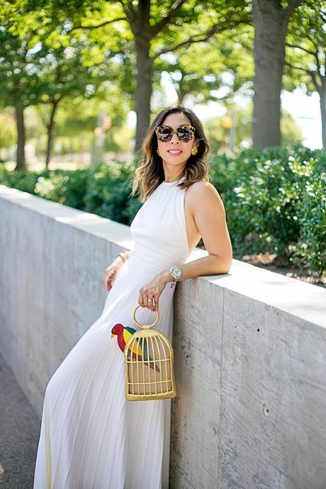 white pleated maxi dress, how to wear a maxi dress, charlotte olympia birdcage bag, cocobelle snake wrap sandals