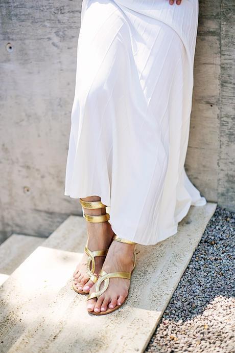 white pleated maxi dress, how to wear a maxi dress, cocobelle snake wrap sandals