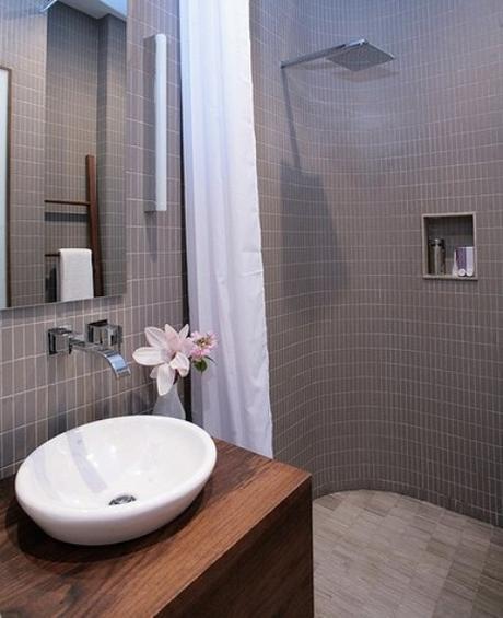 masculine bathroom design style decorate ideas inspiration tips advice subway tile modern gray gray shower glass vanity vessel sink rainfall shower head