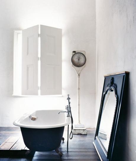 masculine design ideas tips advice ideas inspiration black white antique scale mirror bath tub window ball claw men's male