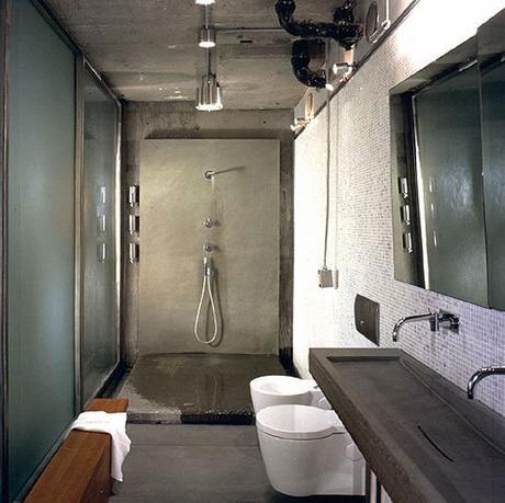 masculine bathroom decor design ideas inspiration stone marble concrete rugged hard shower dual vanity mold gray gray