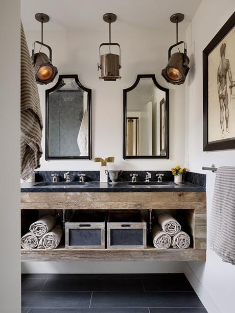 masculine bathroom design style decorate ideas inspiration designer tips advice rugged industrial lighting wood vanity double open shelf rustic country
