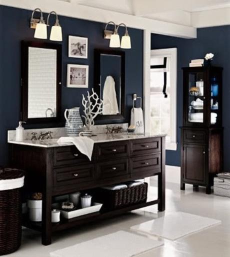masculine male mens bathroom design style ideas tips decorate interior dark blue color wood vanity double sink open shelf