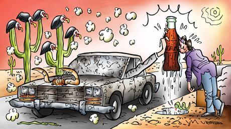illustration final car stopped in desert hand from window offering cold Coke thirsty guy gratefully kissing bottle cow skull snake hot sun buzzards perched on cactus