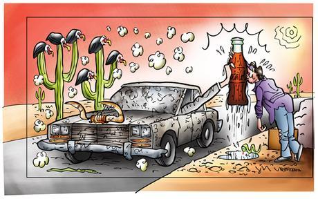 preparing to crop illustration car stopped in desert hand from window offering cold Coke thirsty guy gratefully kissing bottle cow skull snake hot sun buzzards perched on cactus