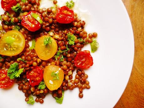 a zesty beluga lentil and roasted tomato salad with herbs