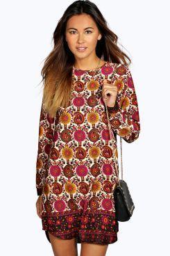 Sia Paisley Border Long Sleeve Shift Dress