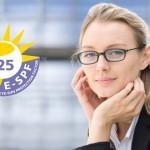 What is the Eye-Sun Protection Factor (E-SPF)? 25 E-SPF seal woman with eyeglasses