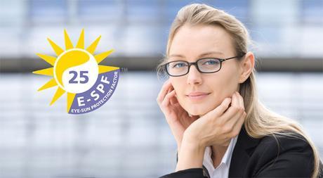 What is the Eye-Sun Protection Factor (E-SPF)? 25 E-SPF seal woman with eyeglasses