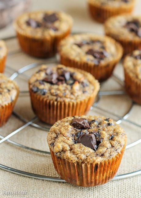 These Paleo Almond Butter Chocolate Chip Banana Muffins taste just like your mom's homemade banana chocolate chip muffins, except with an creamy almond butter filling. They're gluten-free, grain-free, and sugar-free - these muffins are sweetened with only bananas!