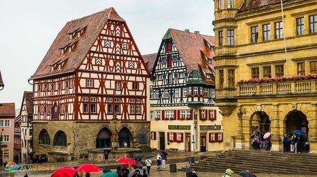 Like these half-timbered houses colorful, quaint and charming are starting points to describe Rothenburg, Germany.