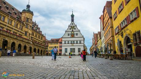 Street level view of the main square in Rothenburg, Germany.