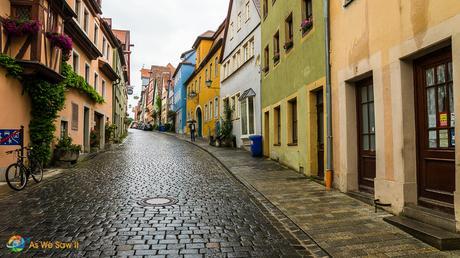 Rain drenched streets awaited our visit adding to the character of Rothenburg, Germany.