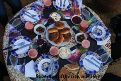 Our breakfast feast on the Dar's rooftop terrace, including heavenly strawberry juice.