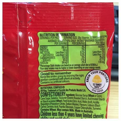 Nutritional information on back of the Tangy Tots Pack. 