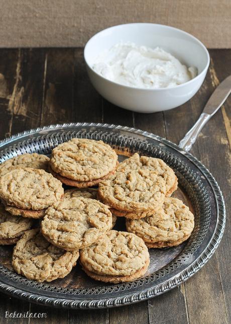 These Peanut Butter Oatmeal Sandwich Cookies with Marshmallow Creme Filling are reminiscent of Little Debbie's Oatmeal Creme Pies with their super soft texture and creme filling - but they have a peanut butter twist!