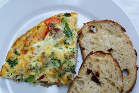 Food: Breakfast Sausage and Pepper Frittata with Guryere.