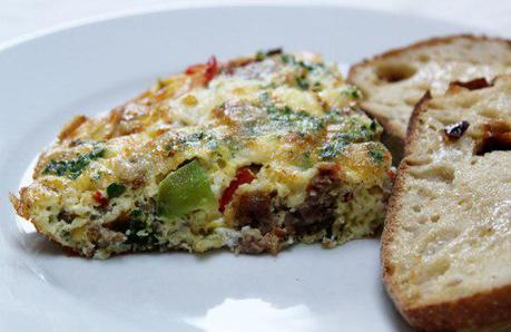 Food: Breakfast Sausage and Pepper Frittata with Guryere.