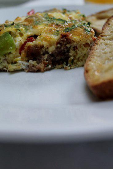 Food: Breakfast Sausage and Pepper Frittata with Guryere.