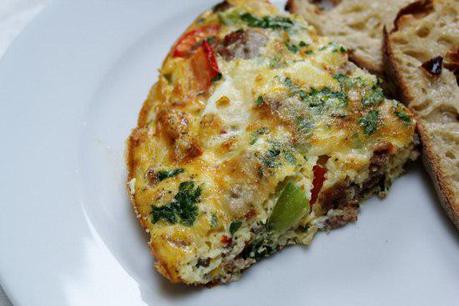 Food: Breakfast Sausage and Pepper Frittata with Guryere.