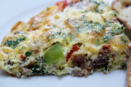 Food: Breakfast Sausage and Pepper Frittata with Guryere.