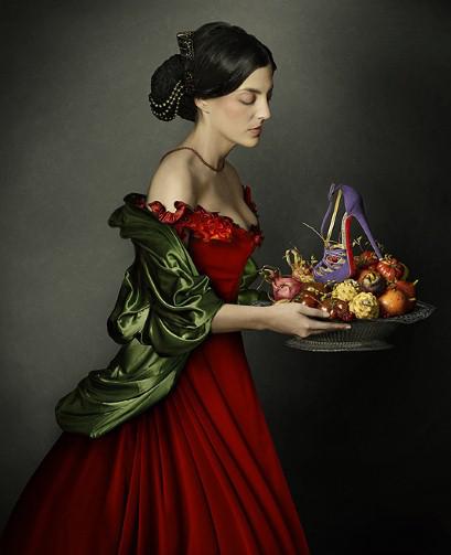 Francisco de Zurbaran’s Santa Dorotea carefully holds a fruit platter bearing the new ‘8 Mignon’ strappy sandals (£765)