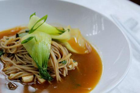 Food: Soba Noodle and Tofu Soup with Baby Bok Choy.