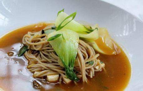 Food: Soba Noodle and Tofu Soup with Baby Bok Choy.