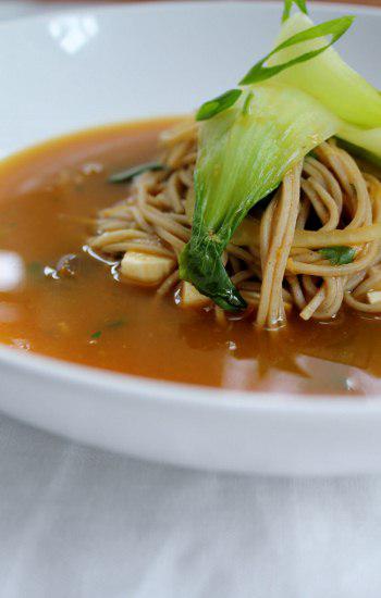 Food: Soba Noodle and Tofu Soup with Baby Bok Choy.