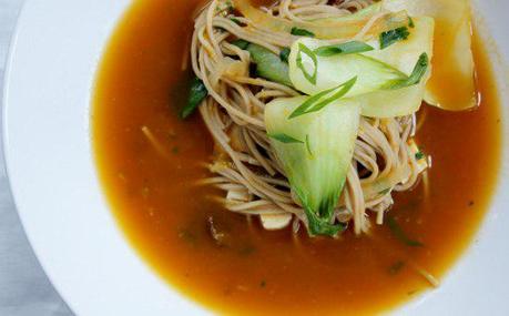 Food: Soba Noodle and Tofu Soup with Baby Bok Choy.