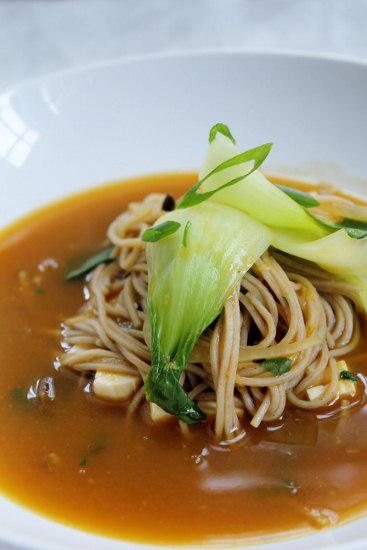 Food: Soba Noodle and Tofu Soup with Baby Bok Choy.