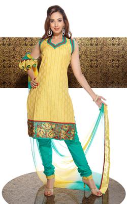 Unstitched salwar kameez in pretty print all over beautified with embellishment paired with matching salwar and dupatta.