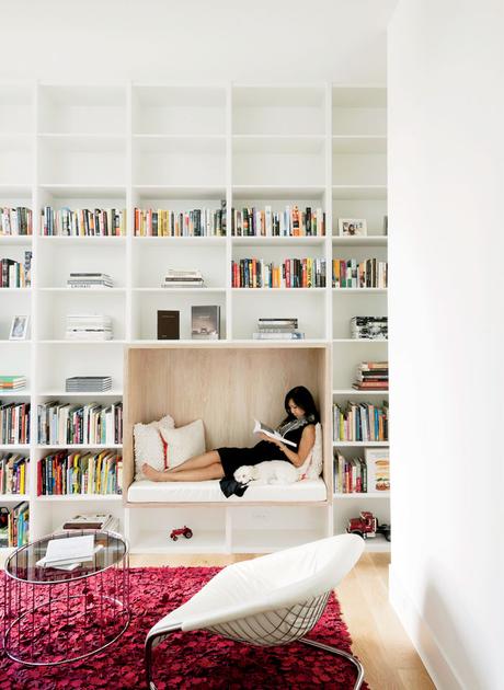 Modern Texas home library with built-in reading nook