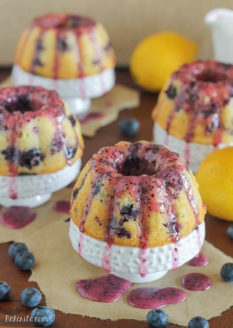 These Mini Lemon Blueberry Bundt Cakes are dripping with fruity blueberry glaze. These mini cakes are small enough so that no one has to share!