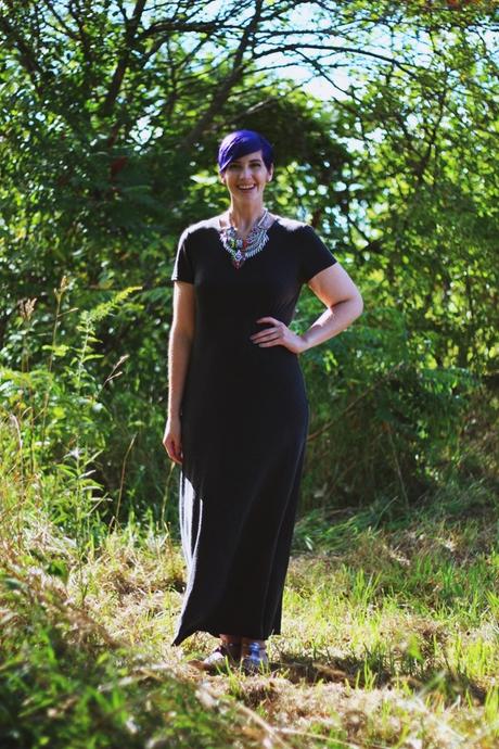 Outfit: gray thrifted maxi dress, layered statement necklaces, gladiator sandals, purple hair