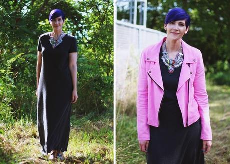 Outfit: gray thrifted maxi dress, layered statement necklaces, pink moto jacket, purple pixie hair cut