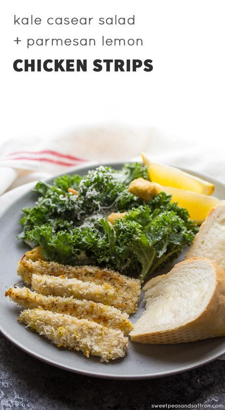Kale Caesar Salad with Lemon Parmesan Chicken Strips kale caesar text