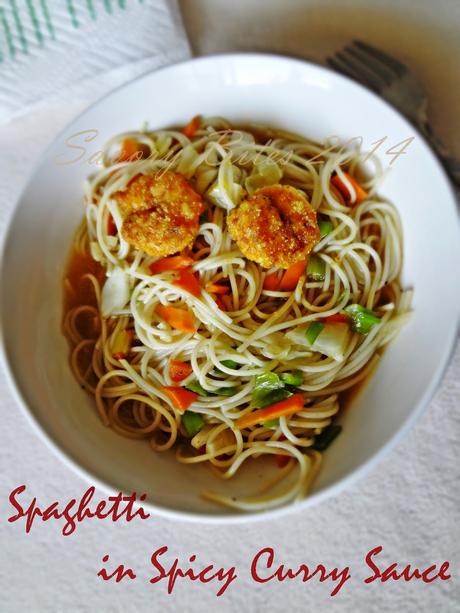 Fusion Spaghetti (in Spicy Curry Sauce served with Italian spiced Prawns Fry)